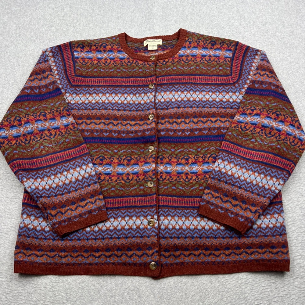 VTG Eddie Bauer Cardigan Womens XL Multi Fair Isle Lambswool Button Up Sweater